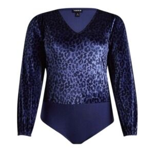 Torrid 3X Blue Velvet Crush Cheetah Print‎ Long Sleeve V Neck Bodysuit NWT